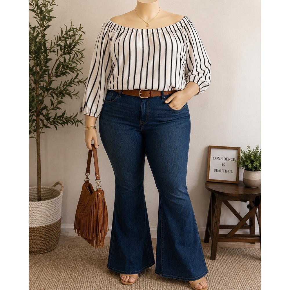 Perch by Blu Pepper Womens 3XL Off the Shoulder Striped Blouse White Black Tie